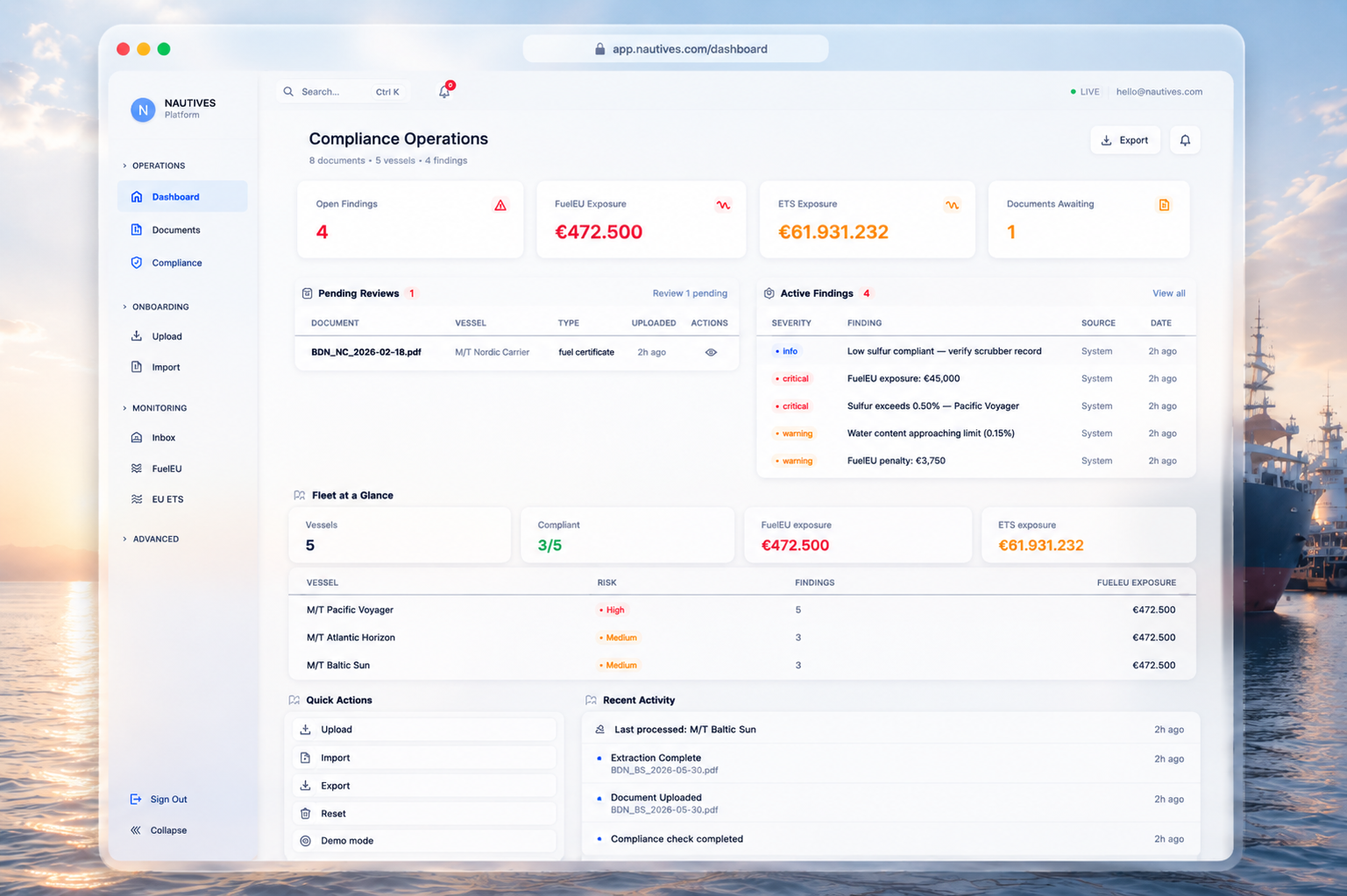 Compliance Operations dashboard — vessel findings, exposures, and recent activity overview.