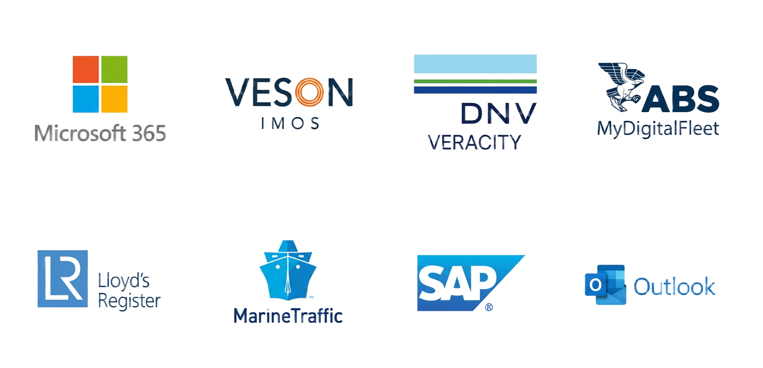 Microsoft 365, Veson IMOS, DNV Veracity, ABS MyDigitalFleet, Lloyd's Register, MarineTraffic, SAP, Outlook.