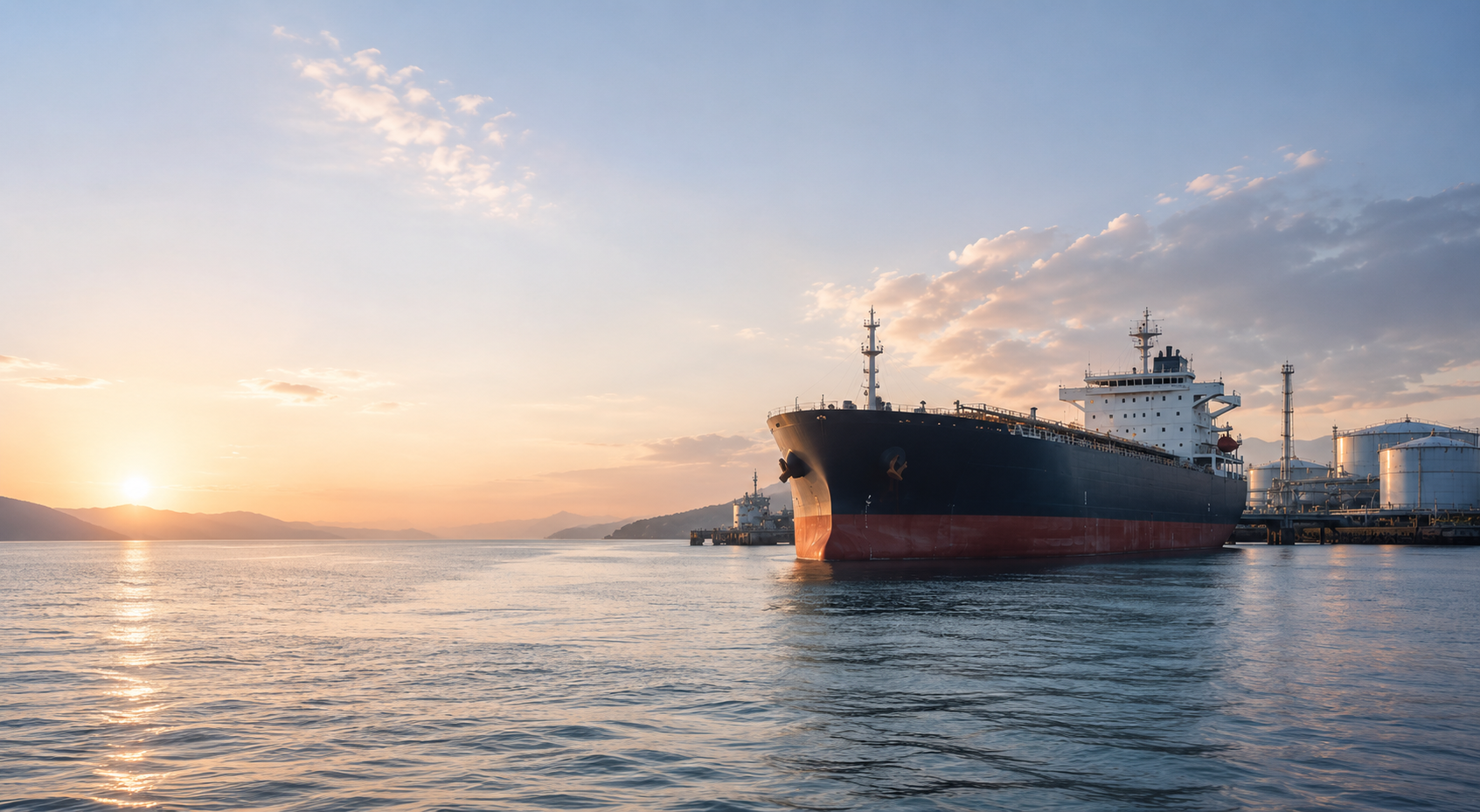 Crude oil tanker at a bunkering terminal at sunrise.